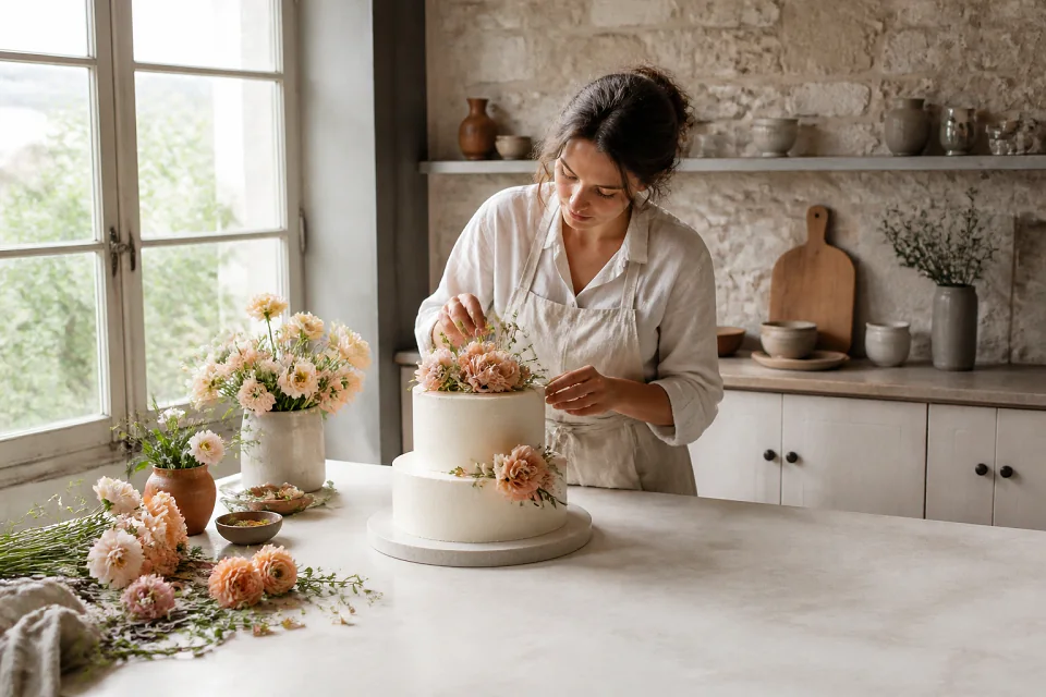 Gâteau de mariage préparé dans un atelier — illustration générée par IA