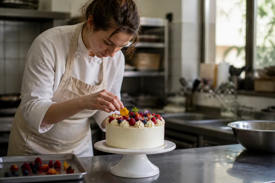 Gâteau de mariage préparé dans un atelier — illustration générée par IA