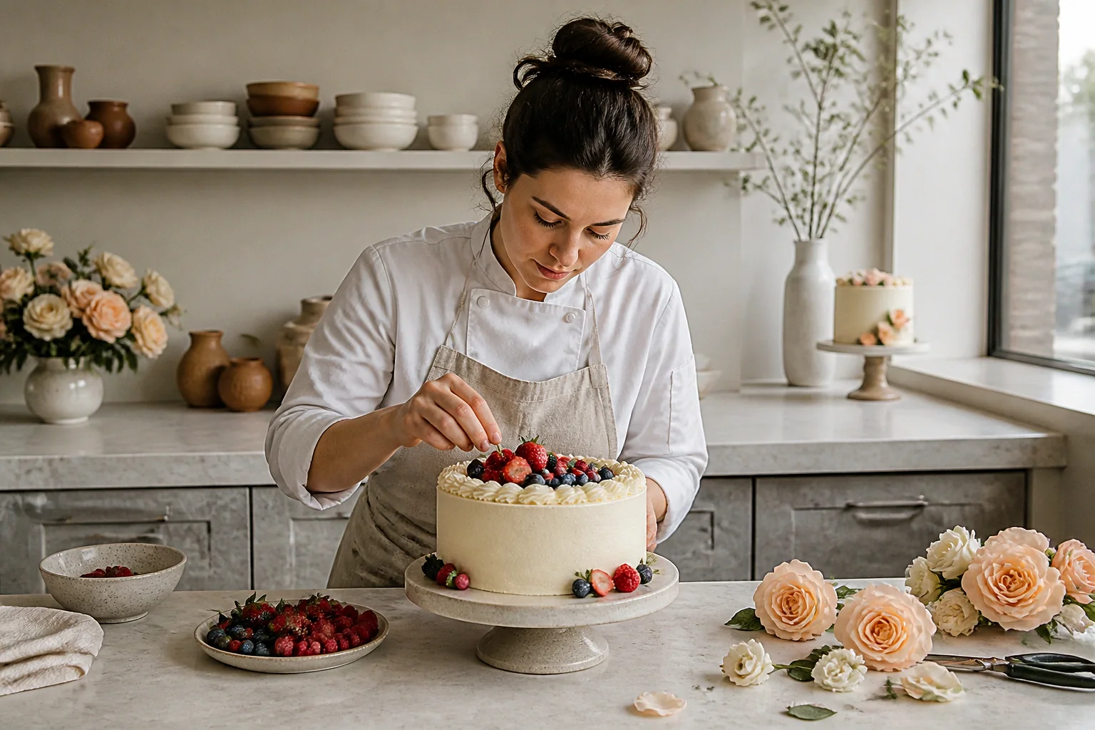 Gâteau de mariage préparé dans un atelier — illustration générée par IA