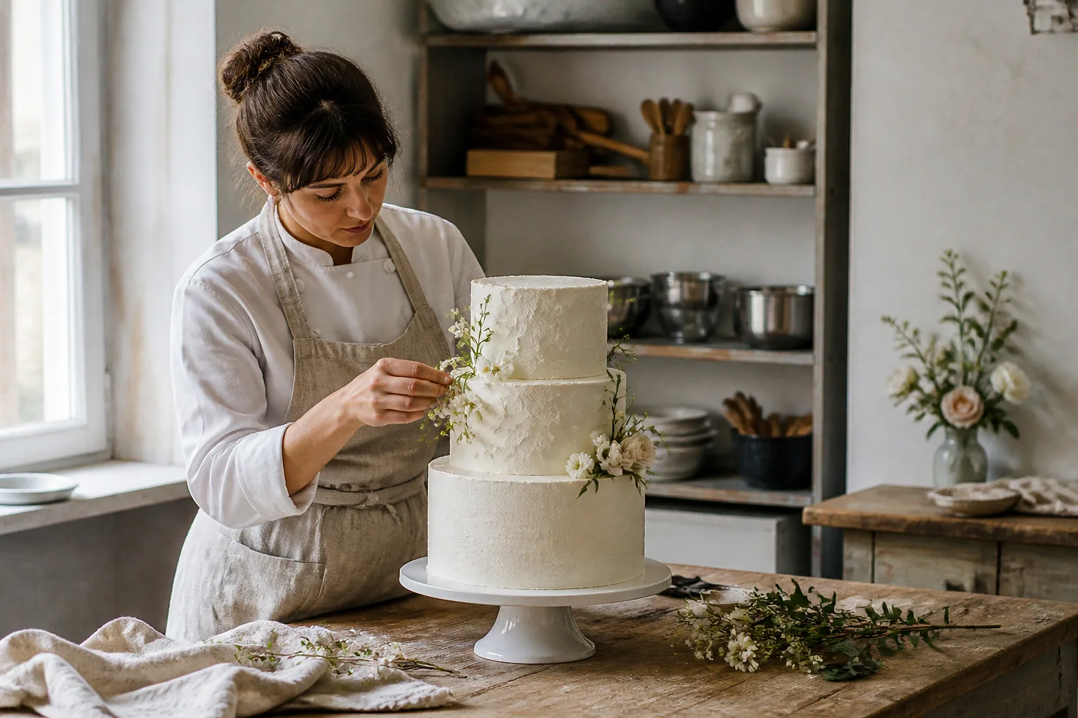 Gâteau de mariage préparé dans un atelier — illustration générée par IA