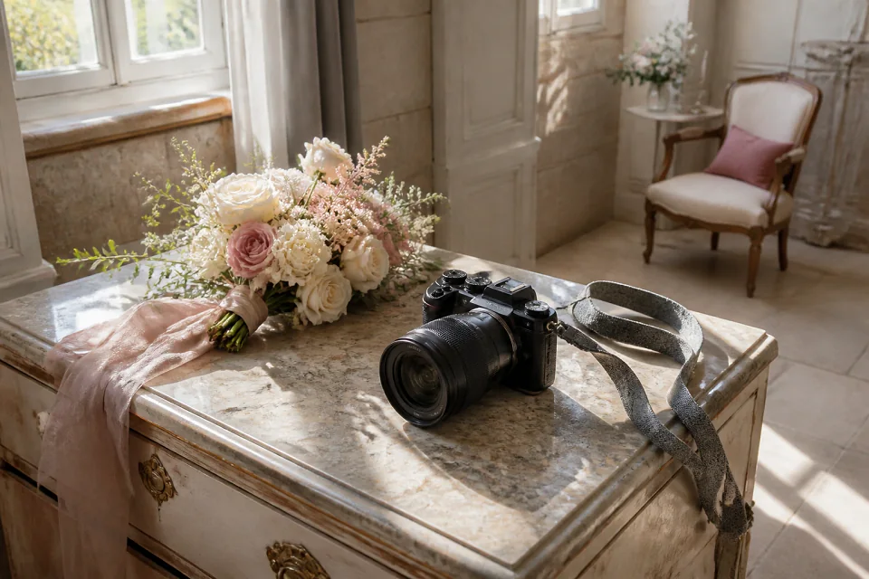 Appareil photo et accessoires de reportage de mariage — illustration générée par IA