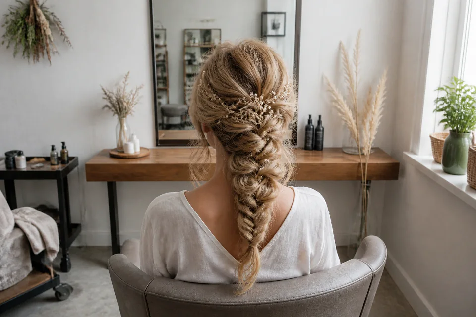 Coiffure de cérémonie vue pendant la préparation — illustration générée par IA