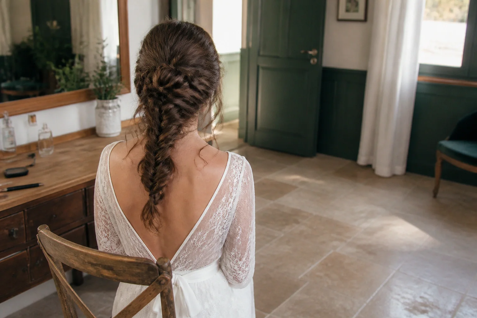 Coiffure de cérémonie vue pendant la préparation — illustration générée par IA