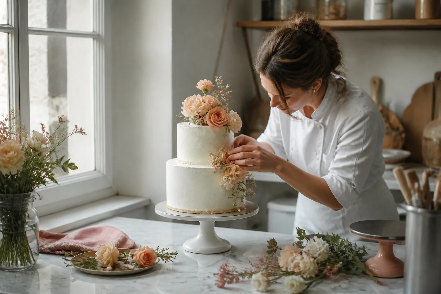 Gâteau de mariage préparé dans un atelier — illustration générée par IA