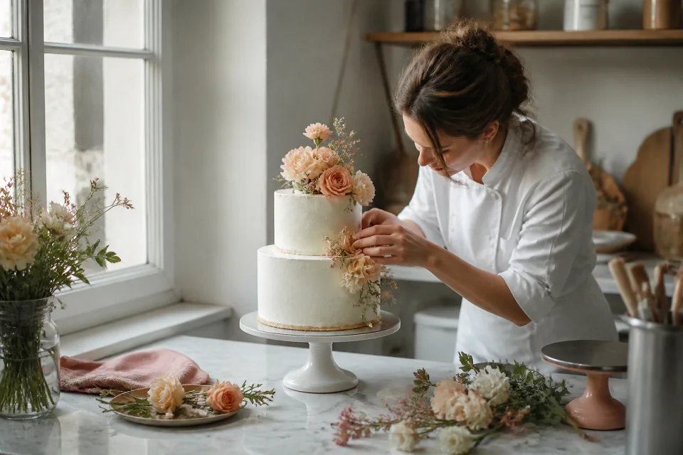 Gâteau de mariage préparé dans un atelier — illustration générée par IA
