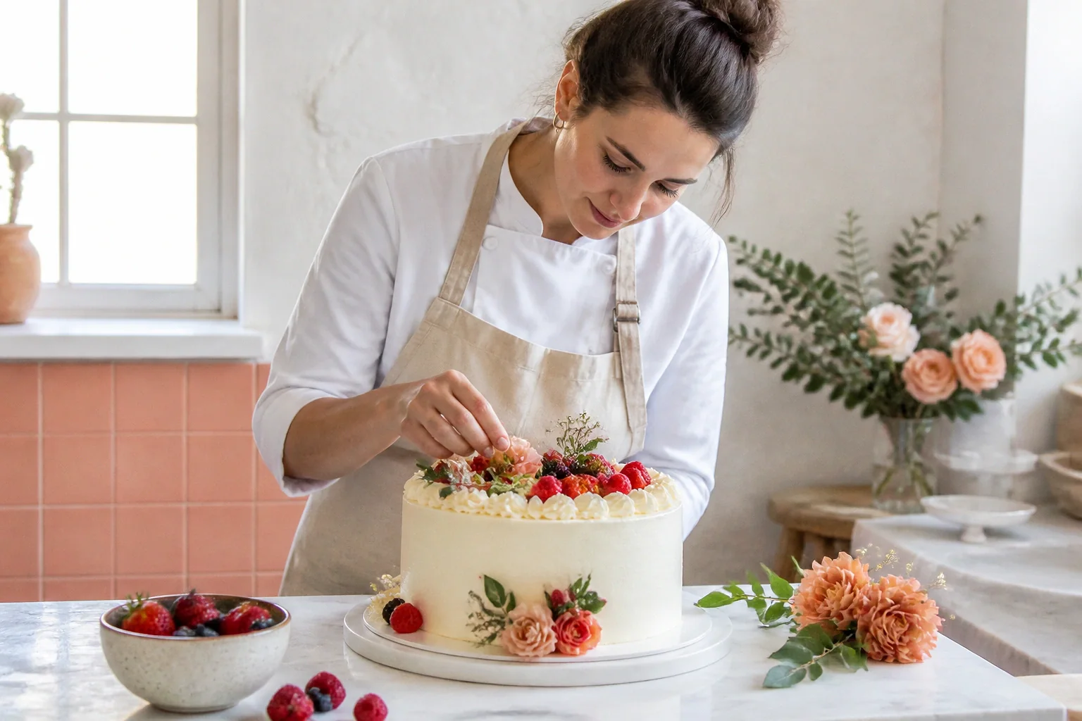 Gâteau de mariage préparé dans un atelier — illustration générée par IA