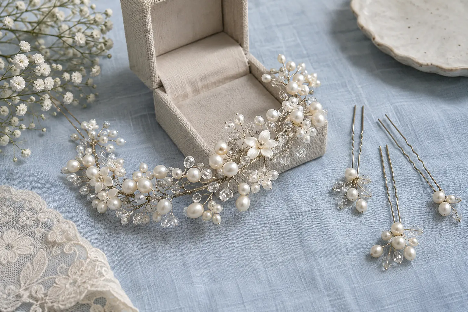 Ornement de cheveux à perles et épingles de mariée — illustration générée par IA