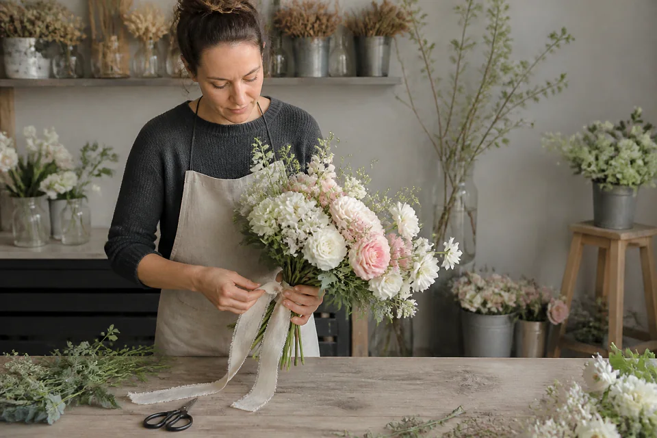 Préparation florale pour un mariage — illustration générée par IA