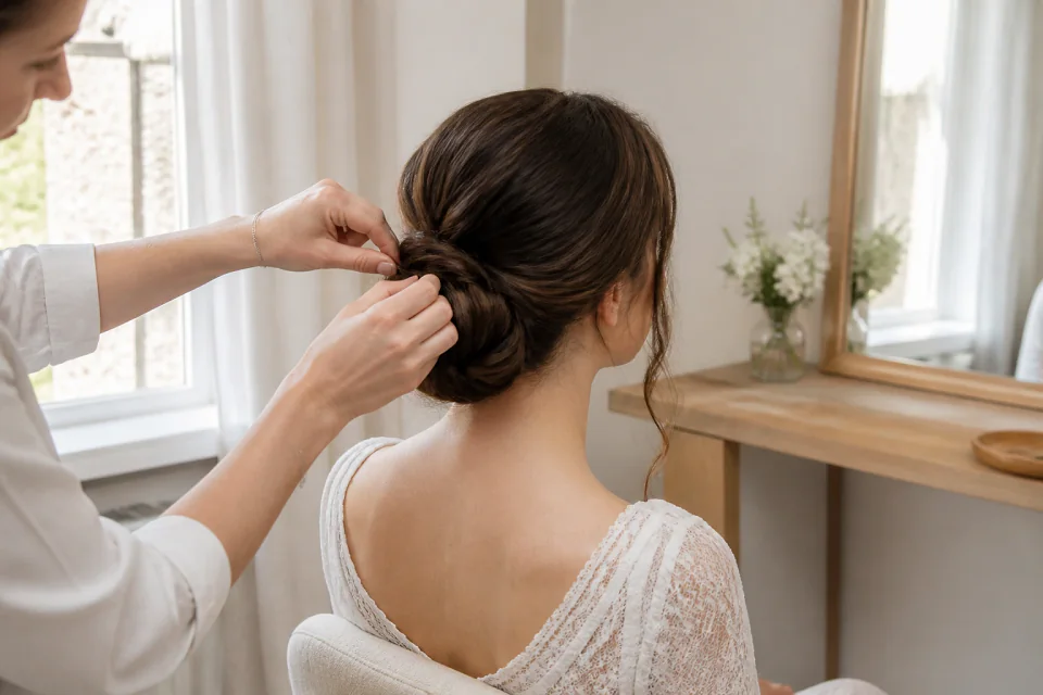 Coiffure de cérémonie vue pendant la préparation — illustration générée par IA