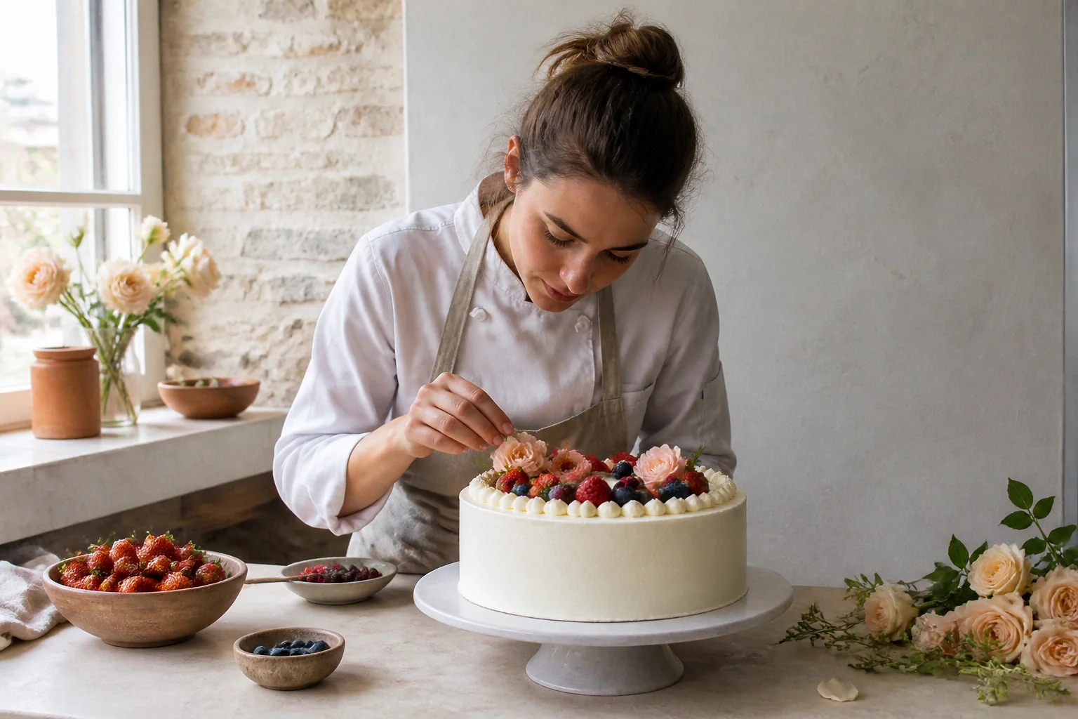 Gâteau de mariage préparé dans un atelier — illustration générée par IA