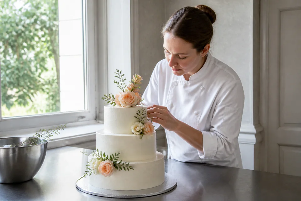 Gâteau de mariage préparé dans un atelier — illustration générée par IA
