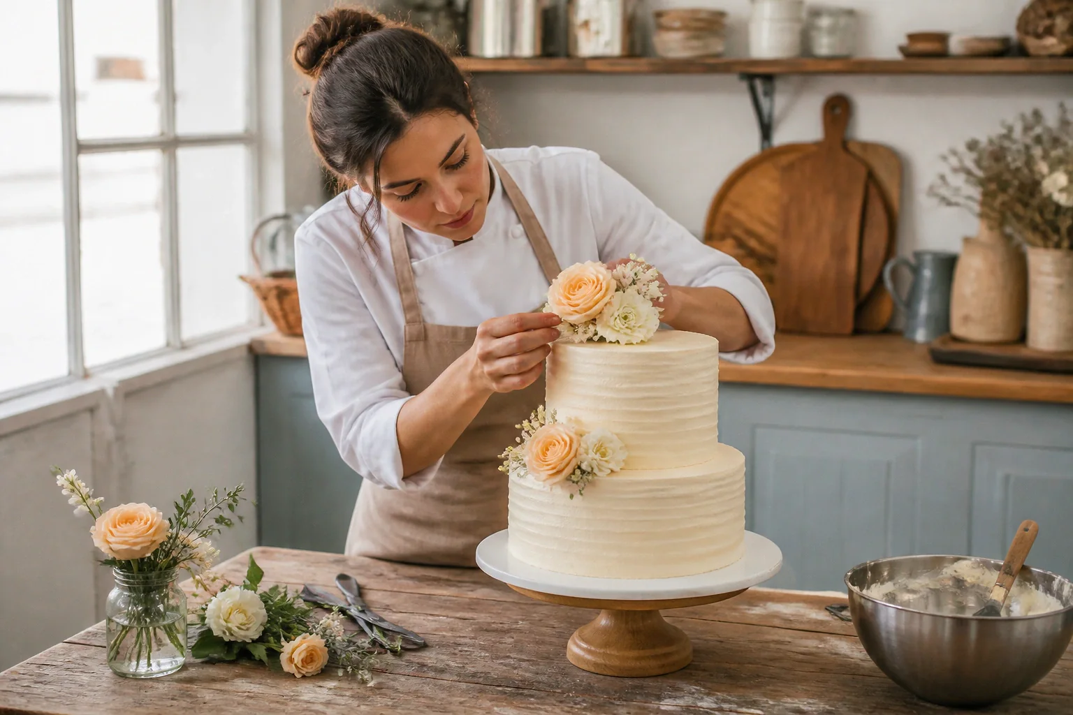 Gâteau de mariage préparé dans un atelier — illustration générée par IA