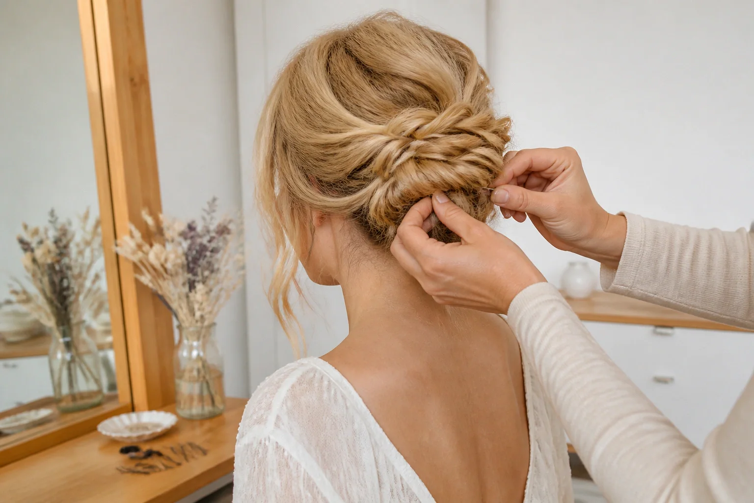 Coiffure de cérémonie vue pendant la préparation — illustration générée par IA