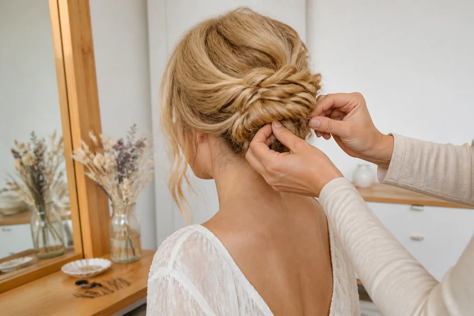 Coiffure de cérémonie vue pendant la préparation — illustration générée par IA