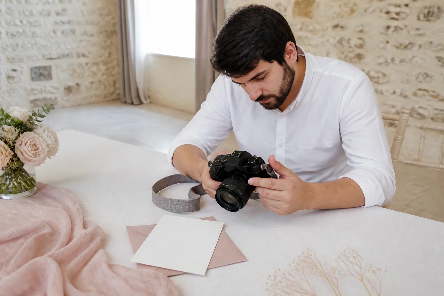 Appareil photo et accessoires de reportage de mariage — illustration générée par IA