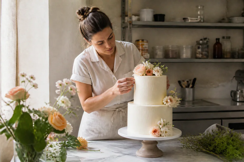 Gâteau de mariage préparé dans un atelier — illustration générée par IA