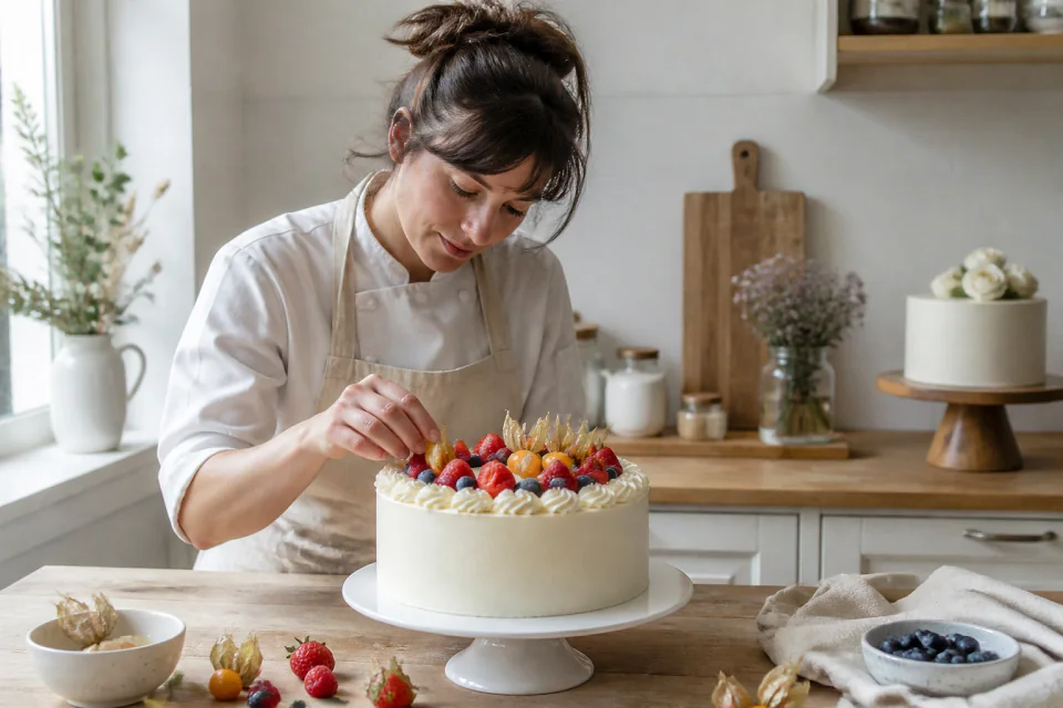 Gâteau de mariage préparé dans un atelier — illustration générée par IA