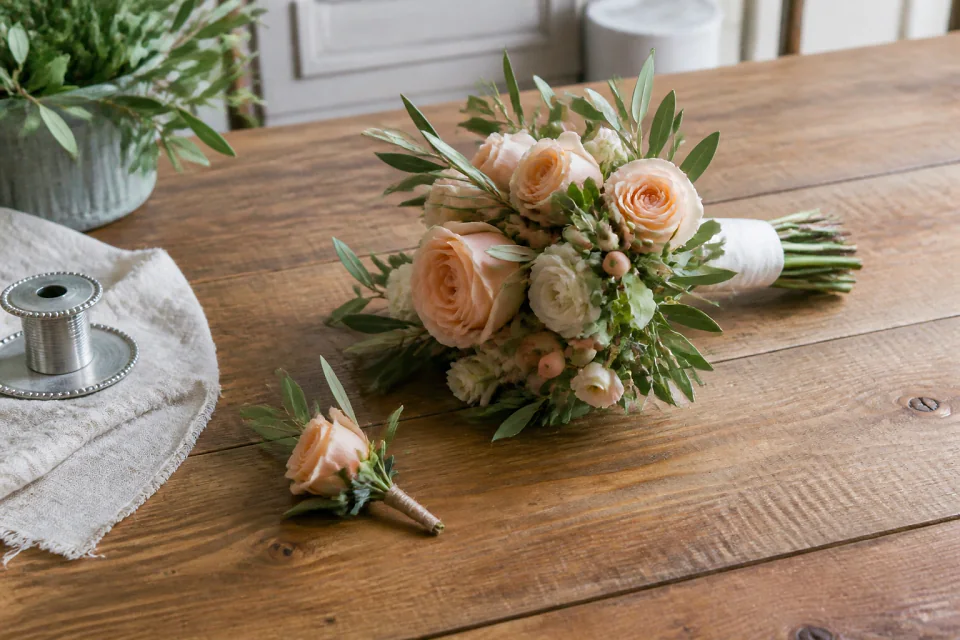 Préparation florale pour un mariage — illustration générée par IA
