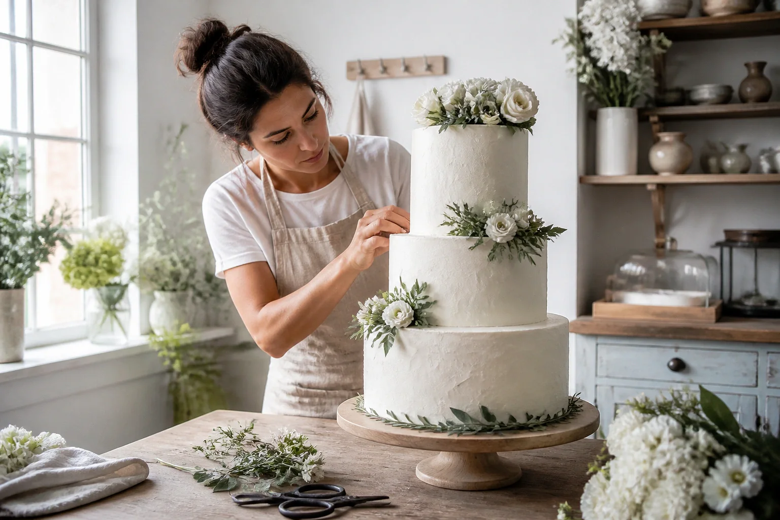 Gâteau de mariage préparé dans un atelier — illustration générée par IA