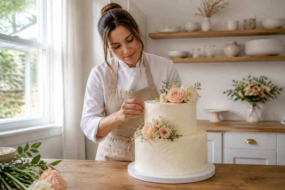 Gâteau de mariage préparé dans un atelier — illustration générée par IA