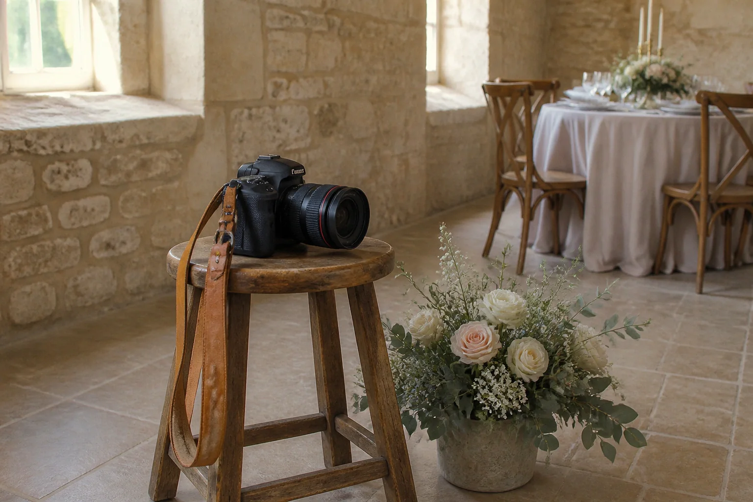 Appareil photo et accessoires de reportage de mariage — illustration générée par IA