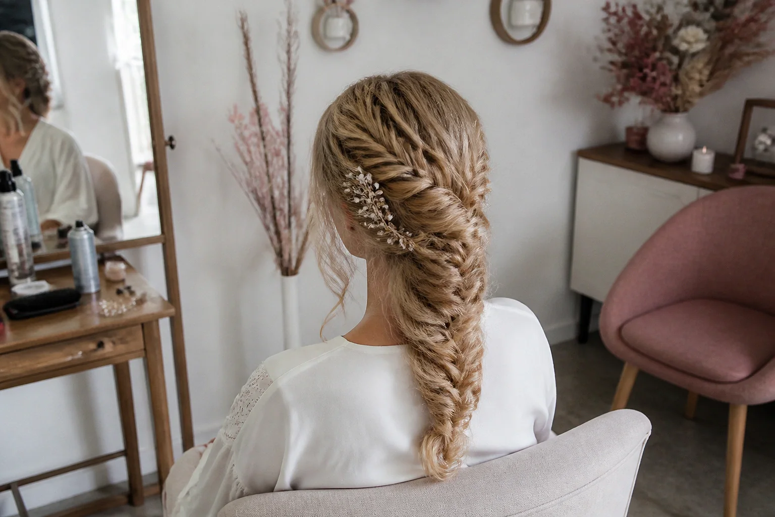 Coiffure de cérémonie vue pendant la préparation — illustration générée par IA