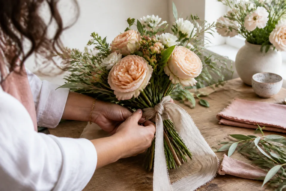 Préparation florale pour un mariage — illustration générée par IA