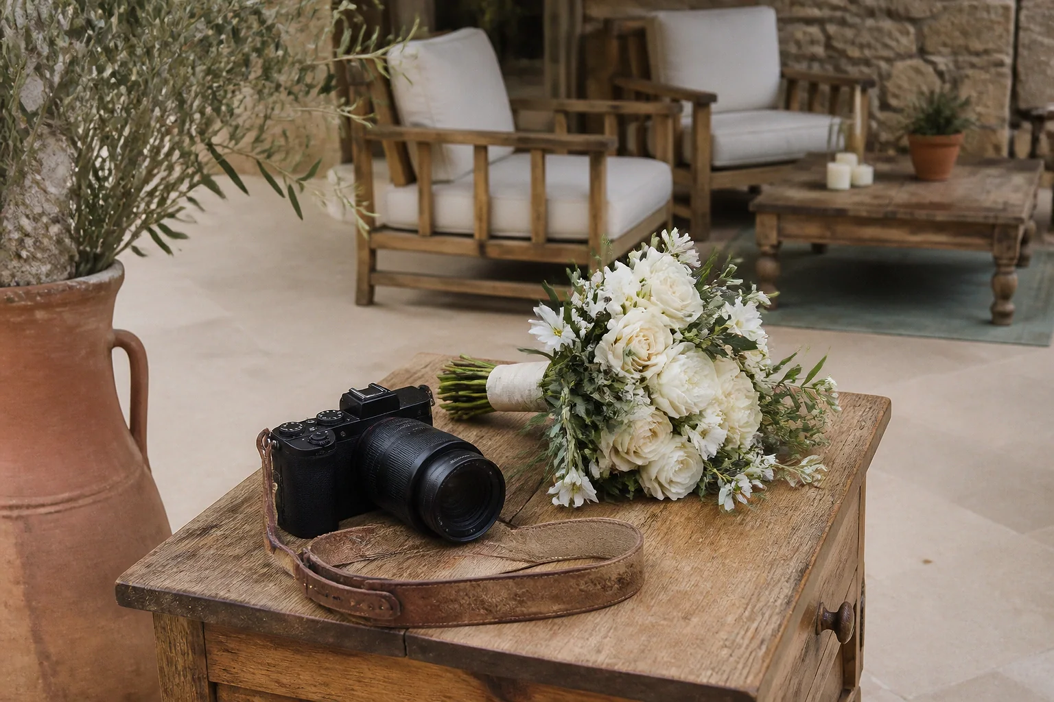 Appareil photo et accessoires de reportage de mariage — illustration générée par IA