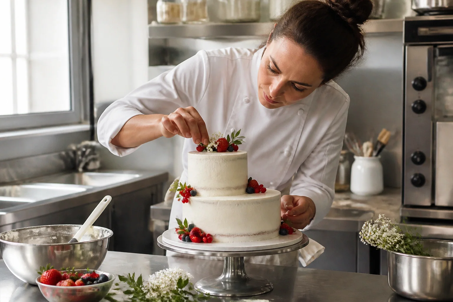 Gâteau de mariage préparé dans un atelier — illustration générée par IA