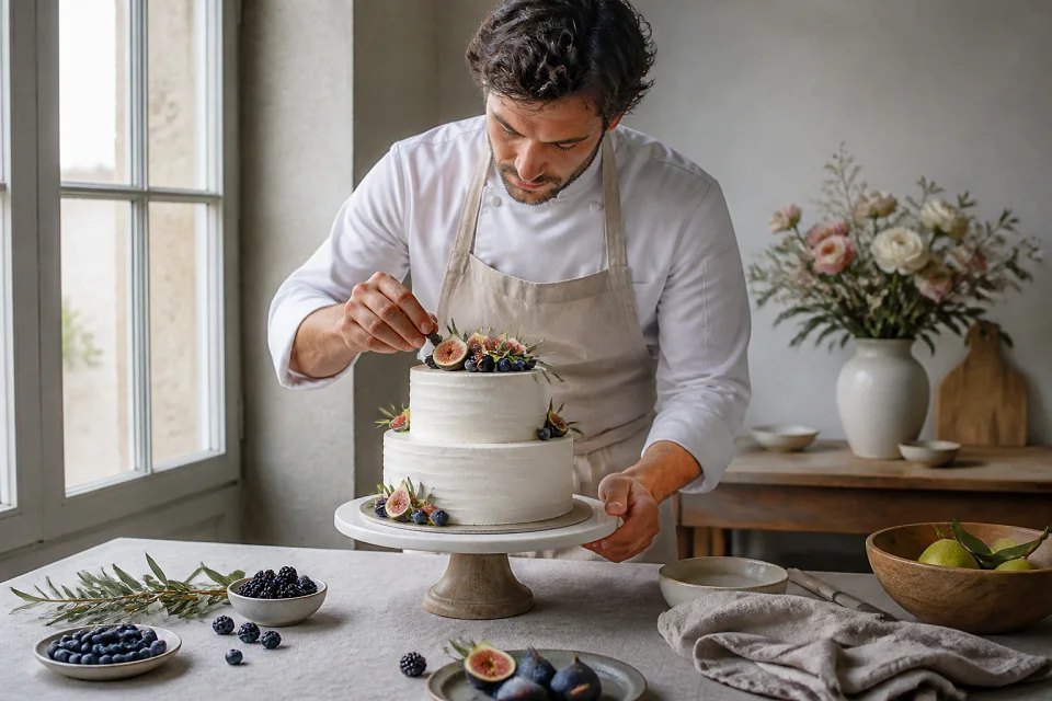 Gâteau de mariage préparé dans un atelier — illustration générée par IA