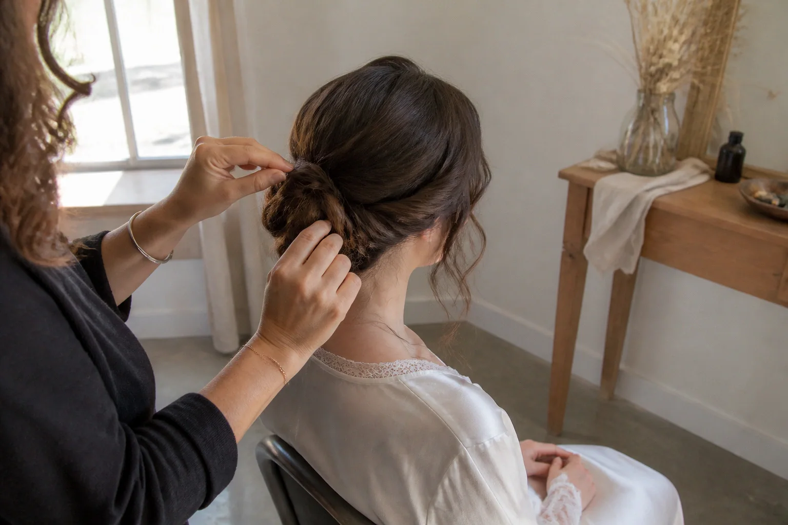 Coiffure de cérémonie vue pendant la préparation — illustration générée par IA
