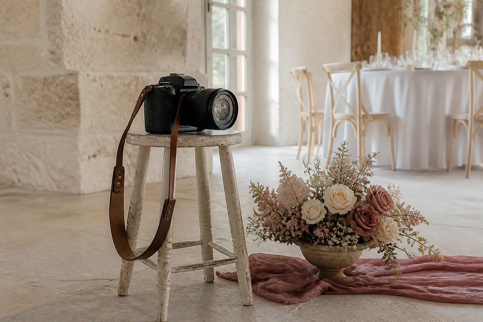 Appareil photo et accessoires de reportage de mariage — illustration générée par IA