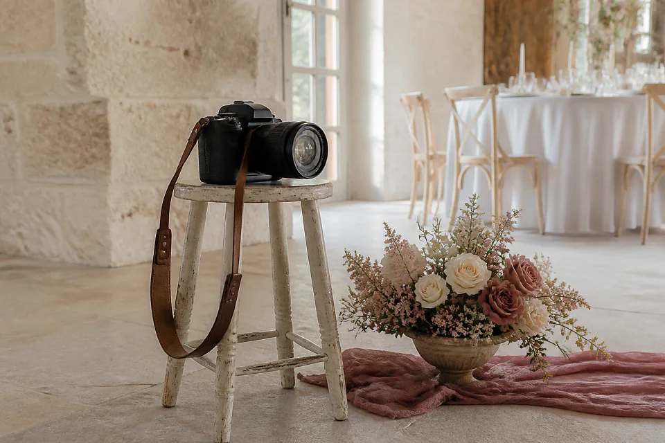 Appareil photo et accessoires de reportage de mariage — illustration générée par IA