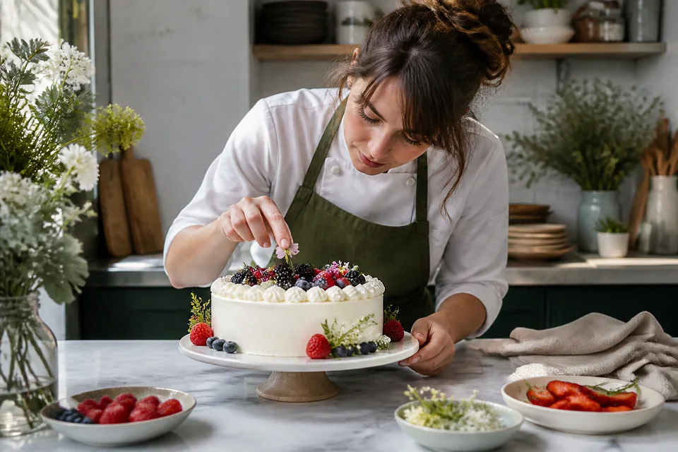 Gâteau de mariage préparé dans un atelier — illustration générée par IA