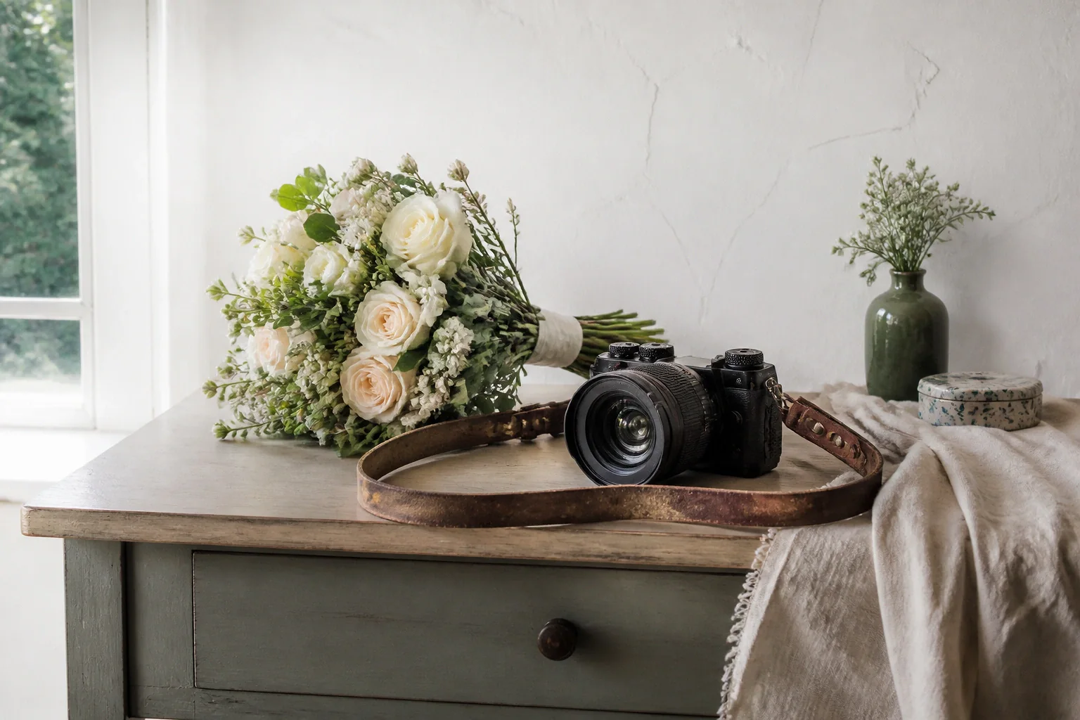 Appareil photo et accessoires de reportage de mariage — illustration générée par IA