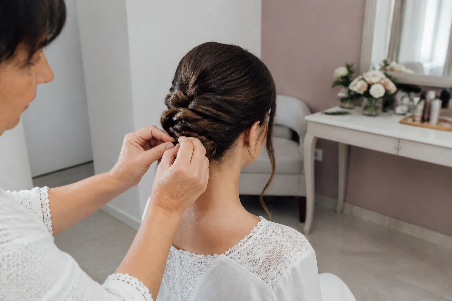 Coiffure de cérémonie vue pendant la préparation — illustration générée par IA
