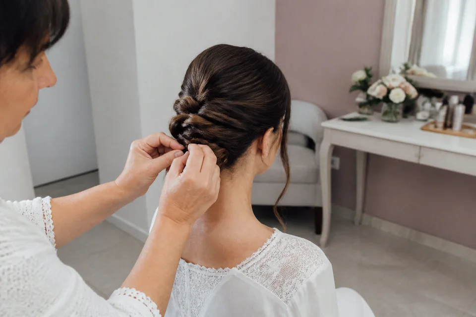 Coiffure de cérémonie vue pendant la préparation — illustration générée par IA