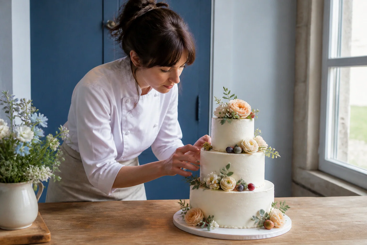 Gâteau de mariage préparé dans un atelier — illustration générée par IA