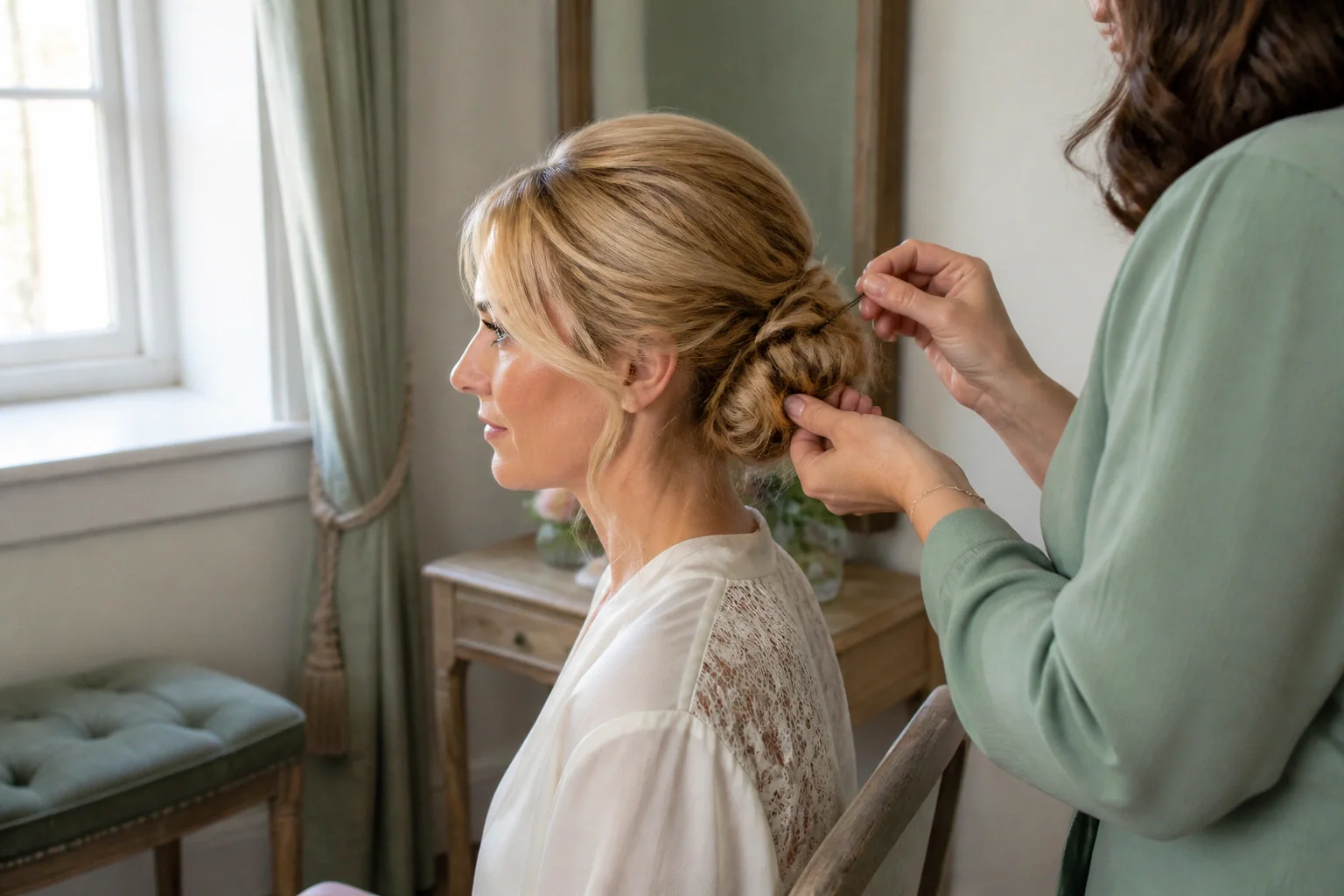 Coiffure de cérémonie vue pendant la préparation — illustration générée par IA