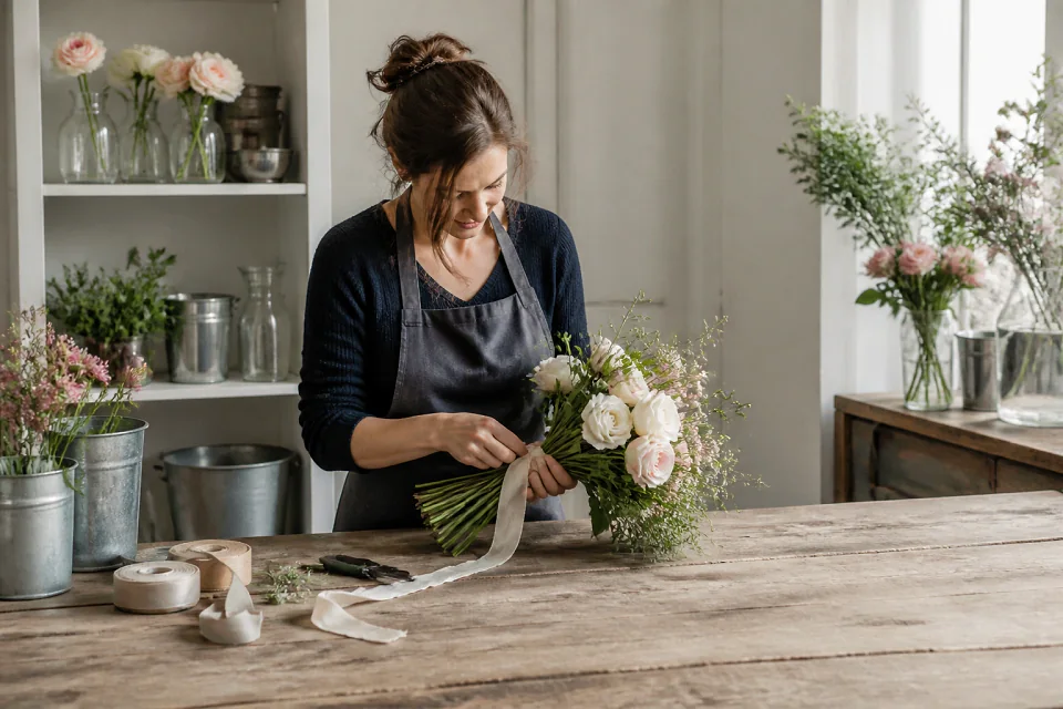 Préparation florale pour un mariage — illustration générée par IA