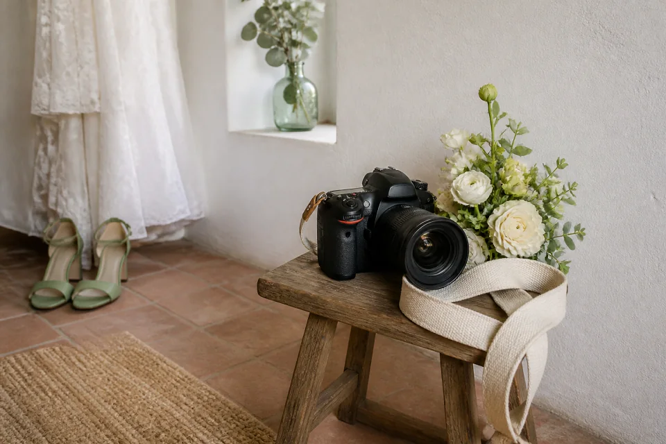 Appareil photo et accessoires de reportage de mariage — illustration générée par IA
