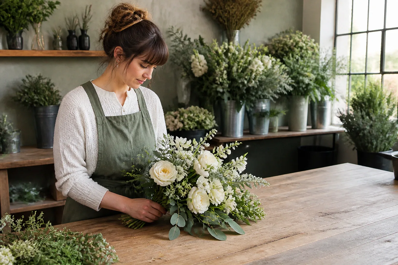 Préparation florale pour un mariage — illustration générée par IA