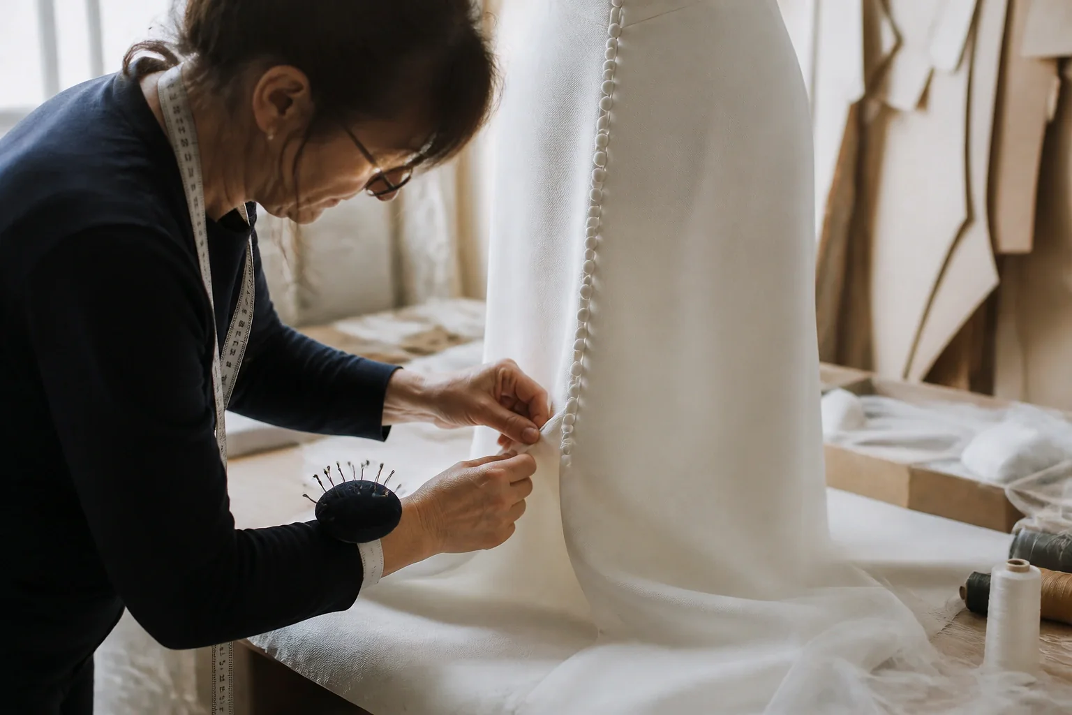 Robe de mariée dans un atelier de confection — illustration générée par IA