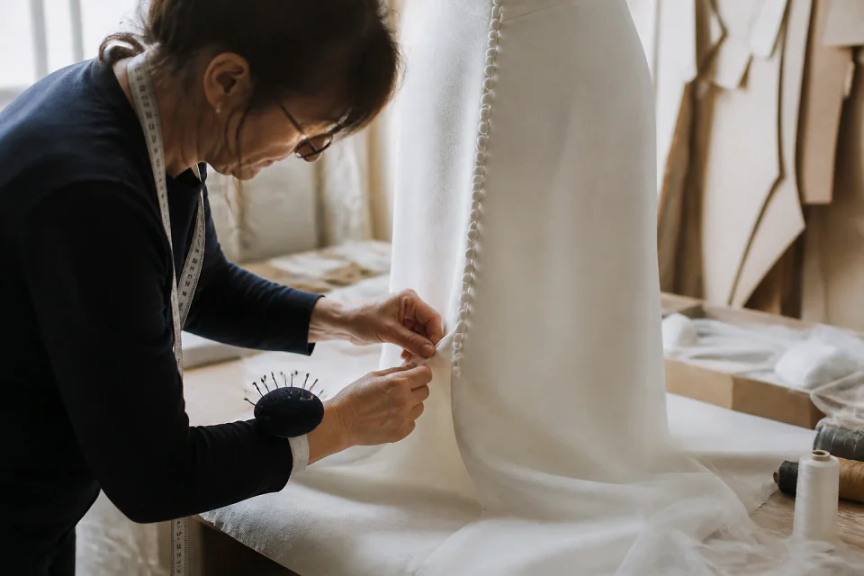 Robe de mariée dans un atelier de confection — illustration générée par IA