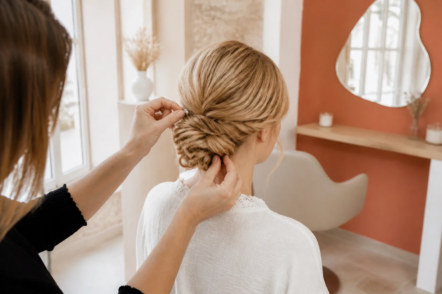 Coiffure de cérémonie vue pendant la préparation — illustration générée par IA
