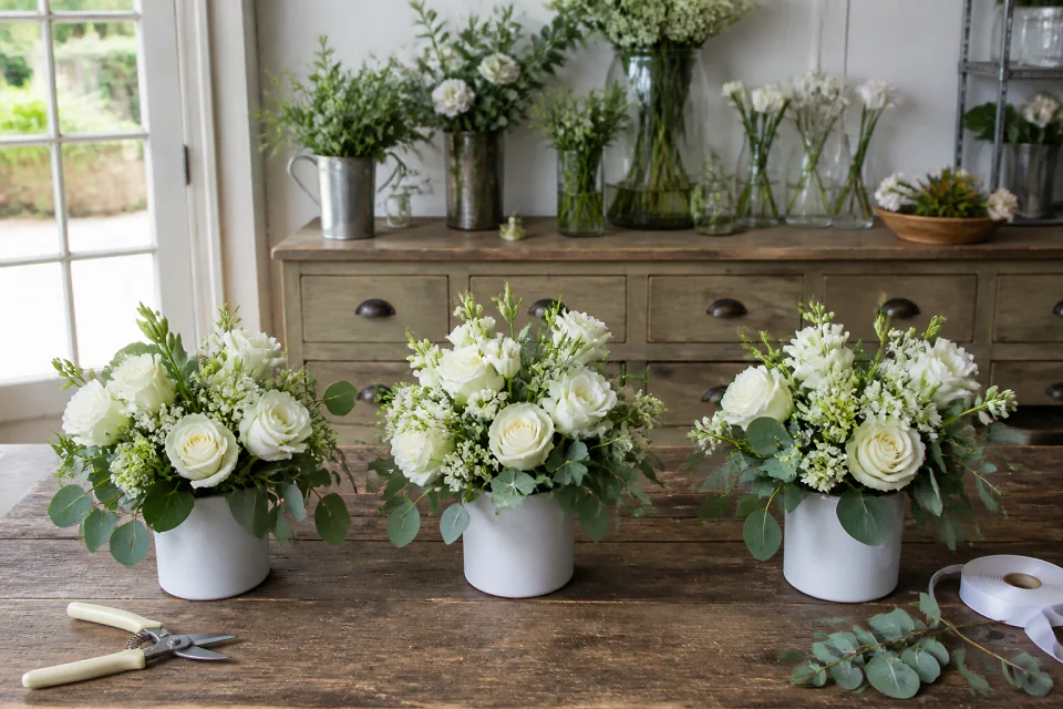 Préparation florale pour un mariage — illustration générée par IA