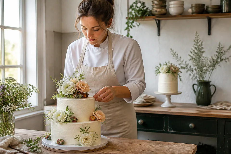 Gâteau de mariage préparé dans un atelier — illustration générée par IA