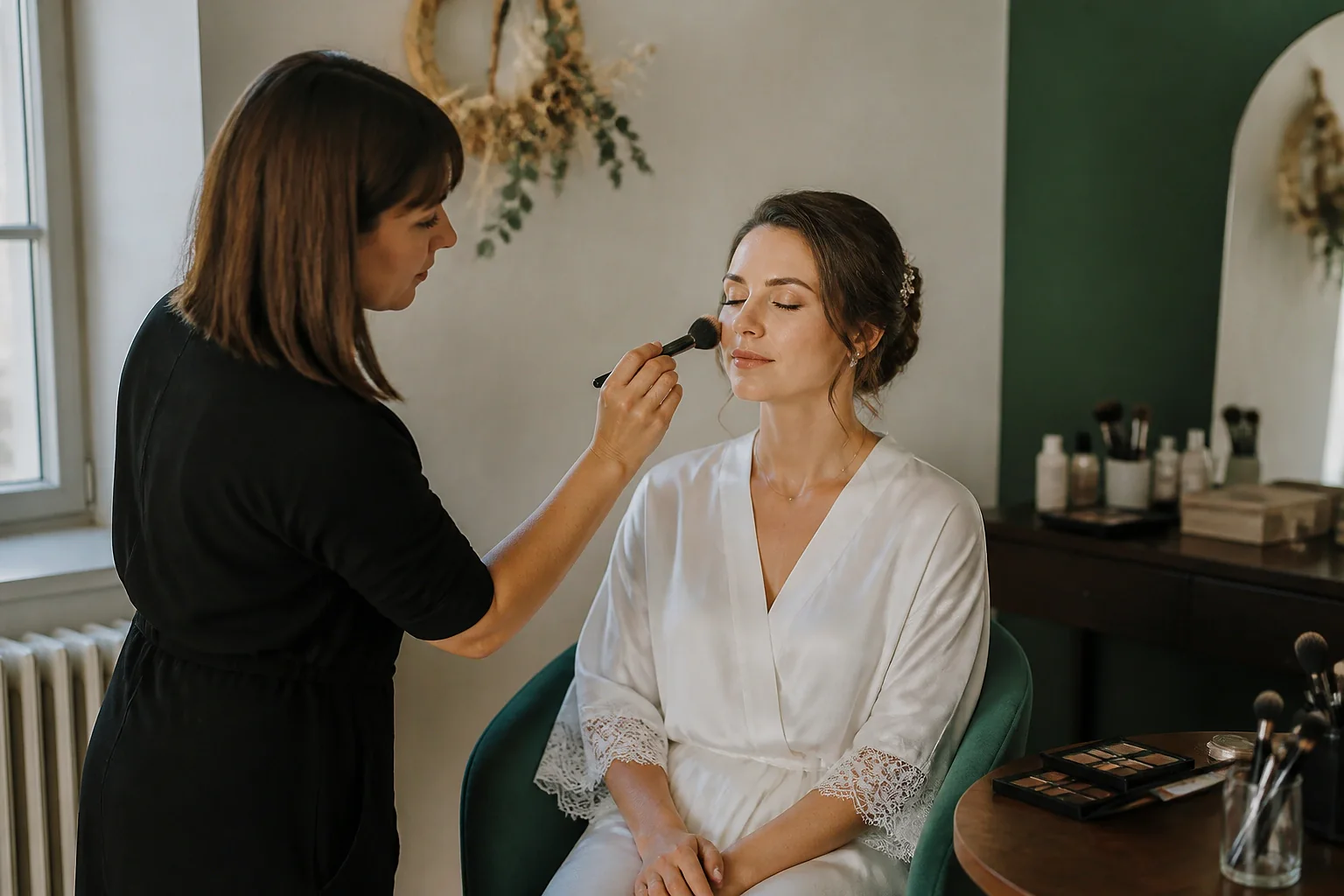 Préparation d’un maquillage de mariage — illustration générée par IA