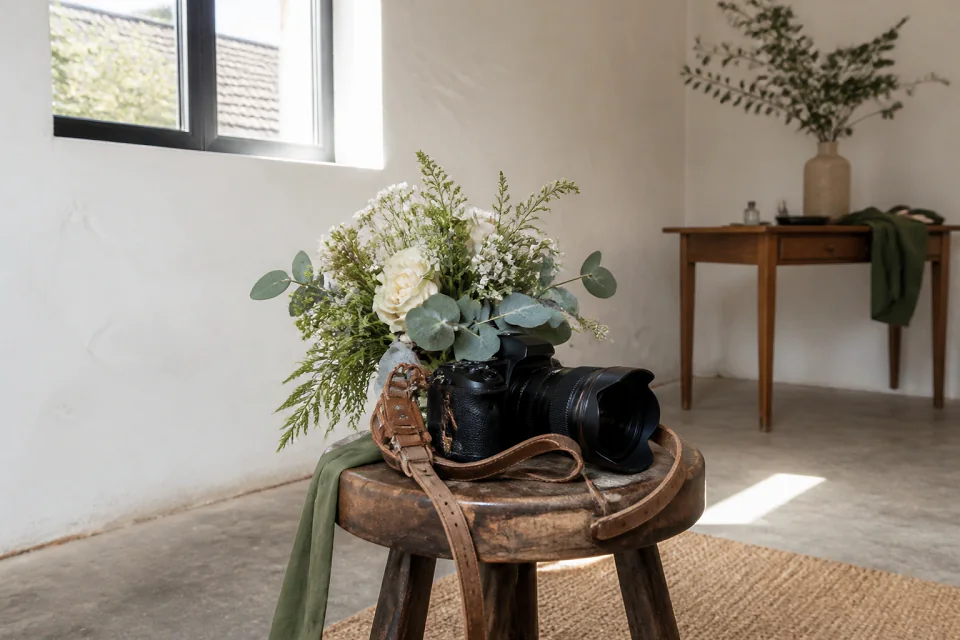 Appareil photo et accessoires de reportage de mariage — illustration générée par IA