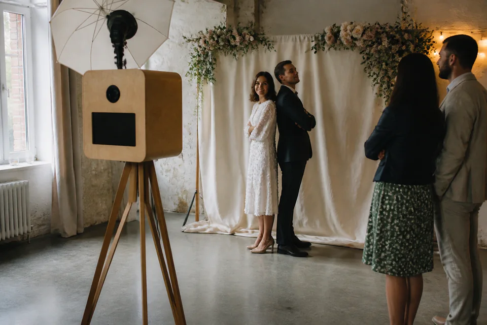 Borne photo installée pour une réception de mariage — illustration générée par IA